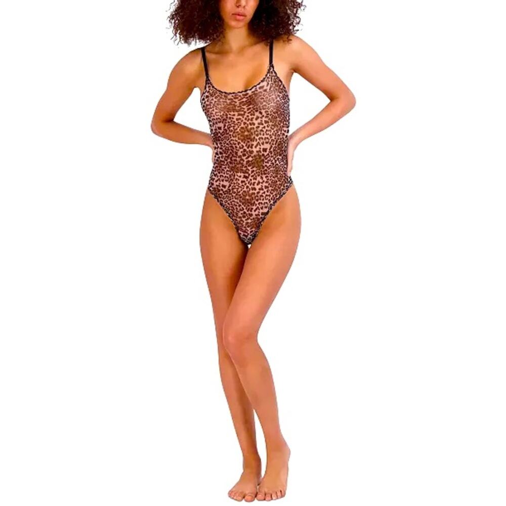 Steve Madden Bodysuit Womens Large NEW Sexy Sheer Mesh Brown Animal Leopard AOP